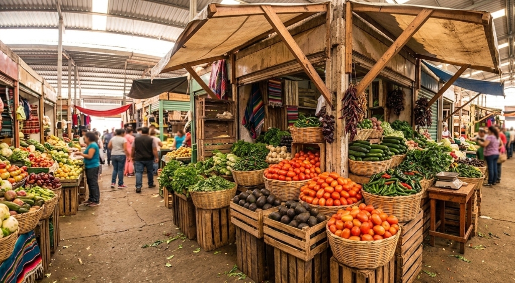 Puesto tradicional de verduras y frutas frescas en la nave de la Central de Abasto